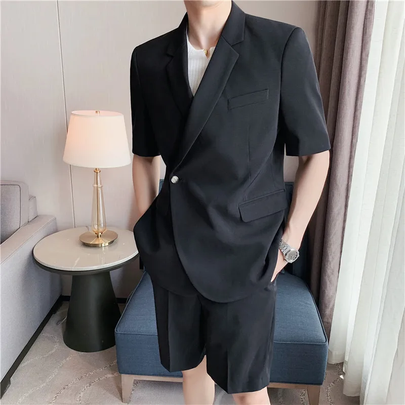 

2023 Suit Men's Fashion Solid Color Business Casual Suit Men Streetwear Wild Loose Korean Shorts Dress Suit Mens Summer S-2XL