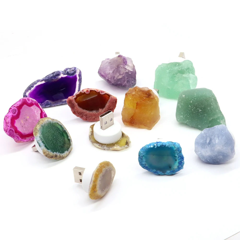 Natural Irregular Crystal Stone USB Light Multicolor Slice Agate Ore Rock Gemstone Reiki Healing Quartz Lamp Room Bedroom Decor