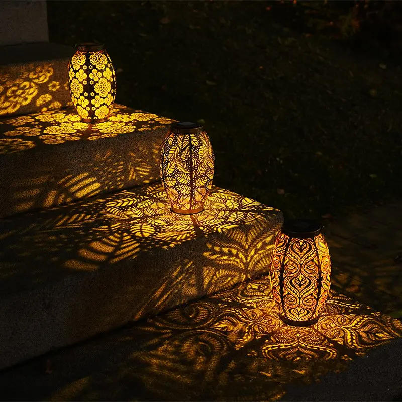 Vintage Hanging Iron Hollow Outdoor Solar Lantern Designer Sun light Yard Pathway Retro Exterior Solar Powered Garden Lantern 2