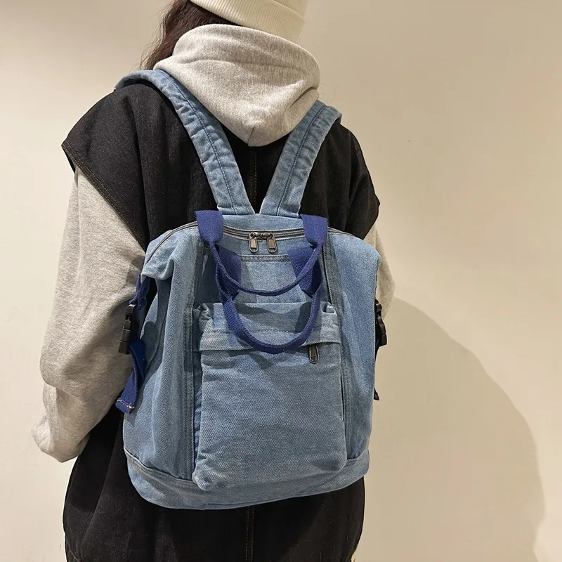 Women's Backpack 2024 New Washed Canvas Bag Pleated Casual, Simple and Fashionable Solid Color Denim Backpack