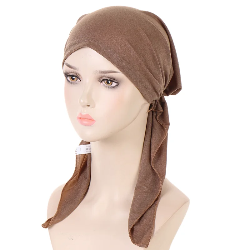 

KepaHoo Women Soft Pre-tie Style Turban Hat Head Wrap Stretch Bandana Long Tail Solid Muslim Hijab Cancer Hair Loss Chemo Cap