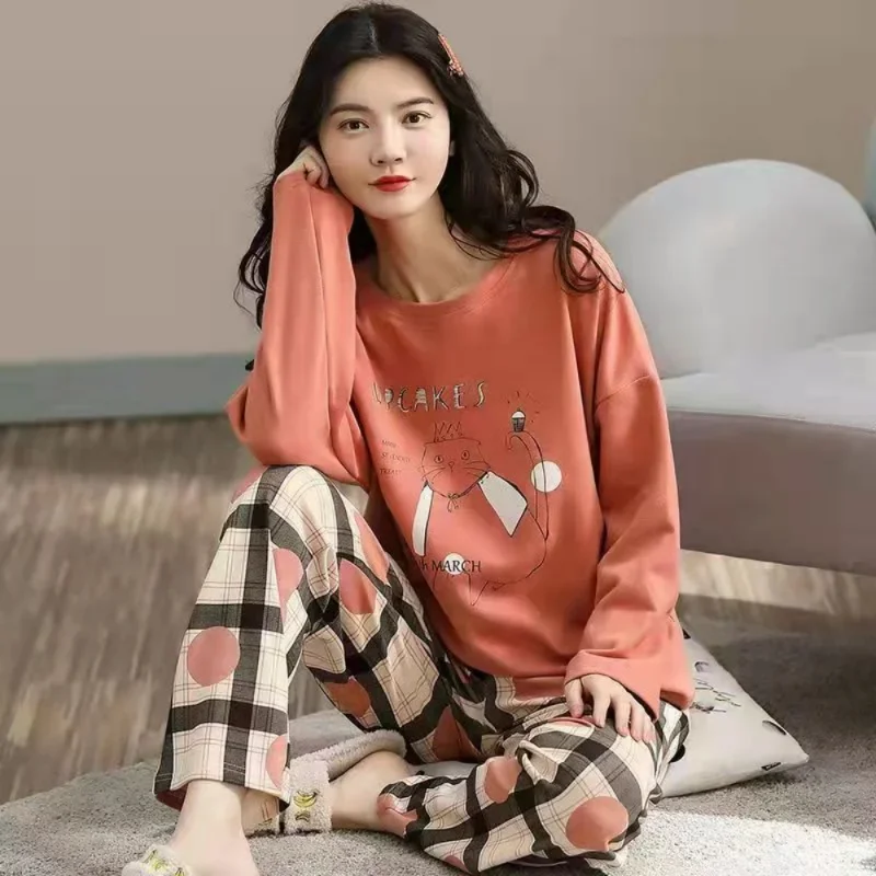 Women's pajamas spring and autumn long-sleeved autumn and winter home clothes plus size simple loose suit outerwear women pajamas set women pajama suit