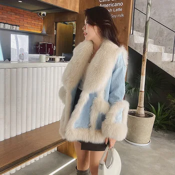 Denim fur coat 2023 winter young style patchwork fur medium length goose down inner liner style overcomes