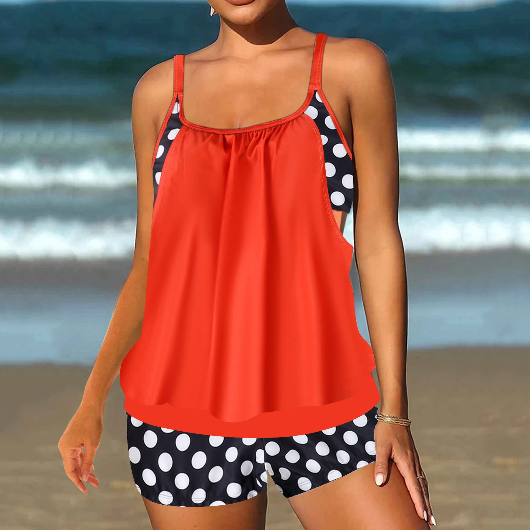 طقم تانكيني نسائي بطباعة استوائية - ملابس سباحة قابلة للتمدد وغير شفافة مع شورت عالي الخصر بيكيني ملابس شاطئ صيفية