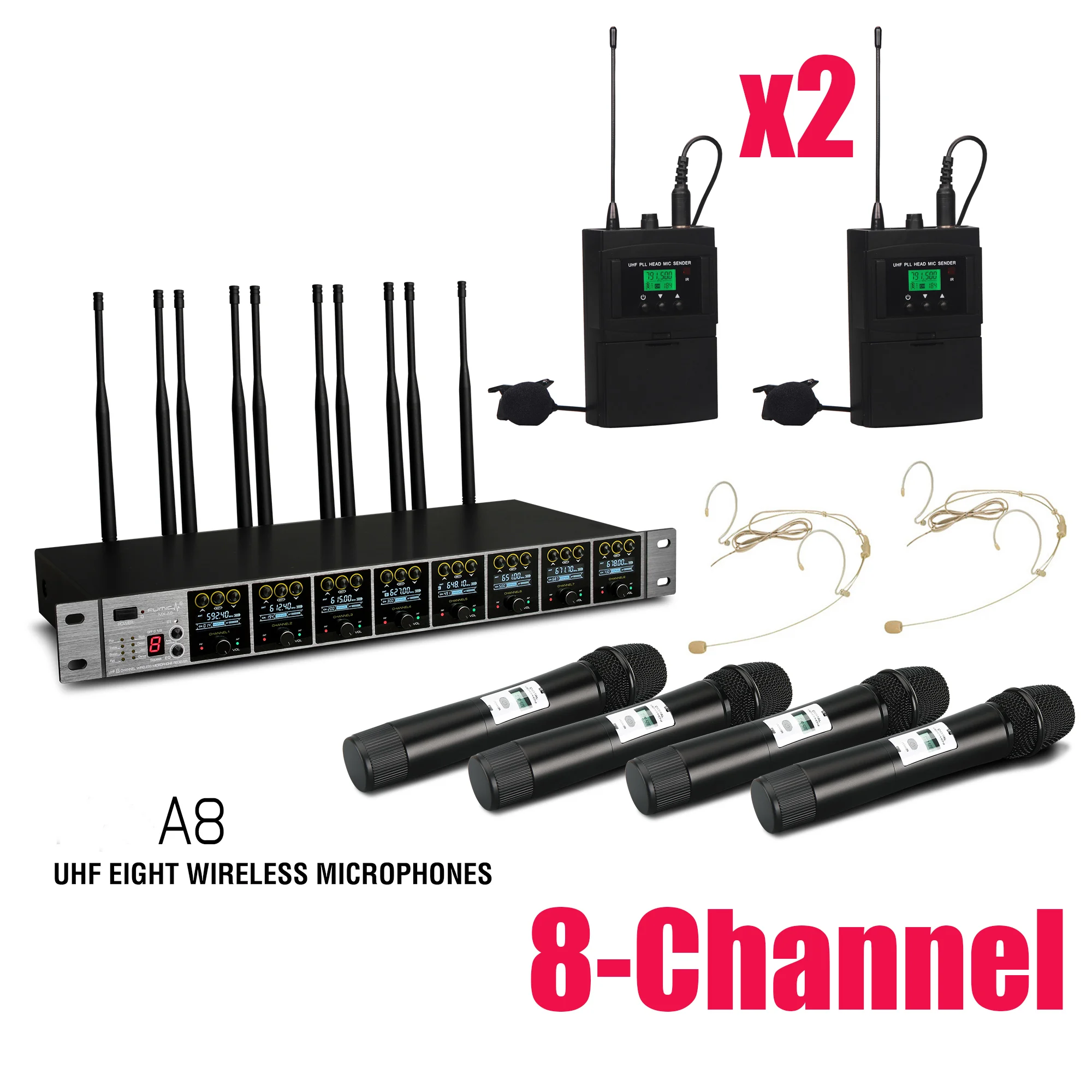 Leicozic 8 채널 디지털 무선 마이크, 전문 UHF 마이크, 라펠 마이크 헤드셋, 핸드 마이크, 1000 주파수