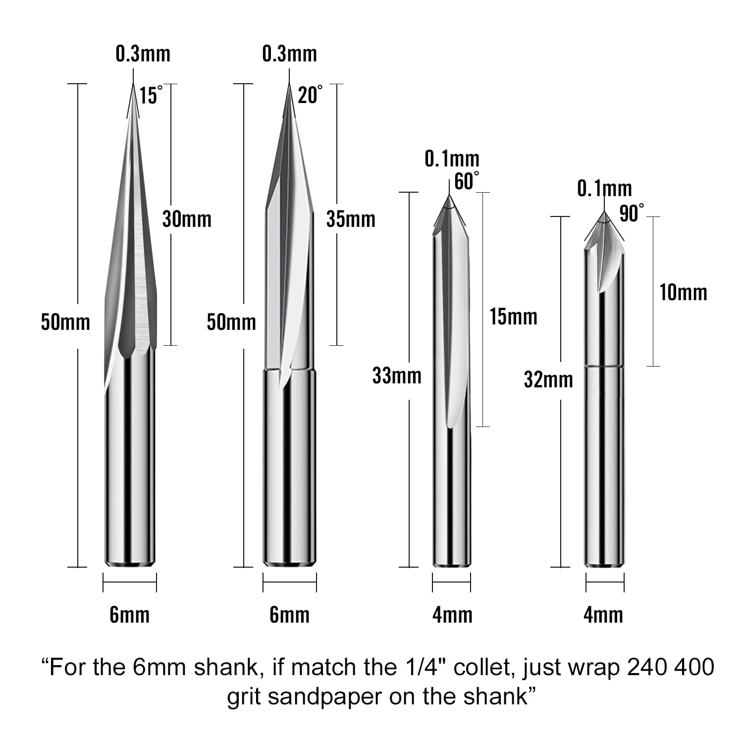 CNC Router Bits Set 1/4 Shank, Engraving Wood Carving Router Bit 6mm & 4mm, V-Groove, Profile Bit, Tungsten Steel-4PCS