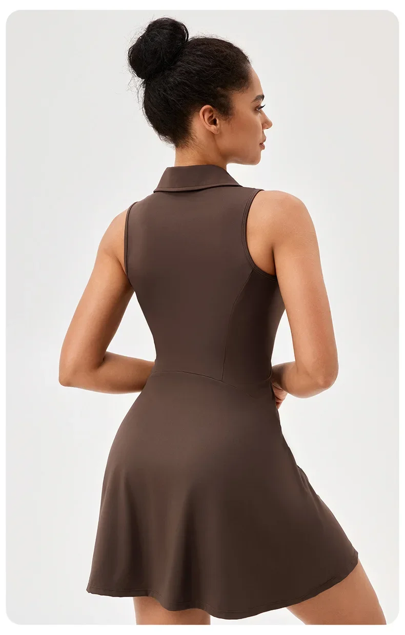 Women Summer Tennis Dress Solid Color Lapel Slim Fit Running Skirt Breathable Golf Dress Yoga Wear Workout Clothes