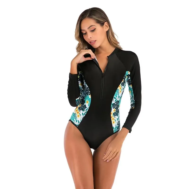 One Piece Swimsuit Solid Color One-Piece Swimsuit Long Sleeve Sports Women's Swimming Bathing Suit Beach Bather Surfing
