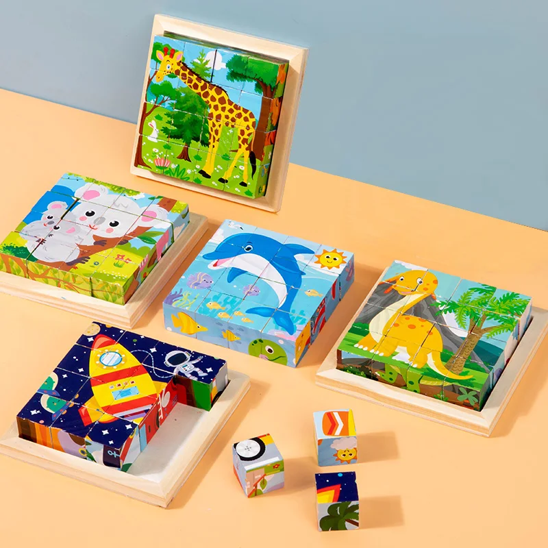 Cartoon Animal Six-Sided Wooden Puzzle Blocks Set