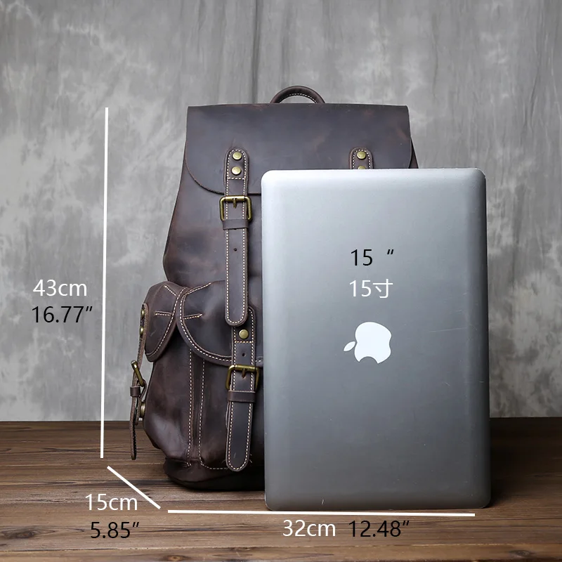 Men's Handmade Crazy Horse Leather Travel Bag Vintage Top Layer Leather Large Capacity Fashion Simple Drawstring Backpack