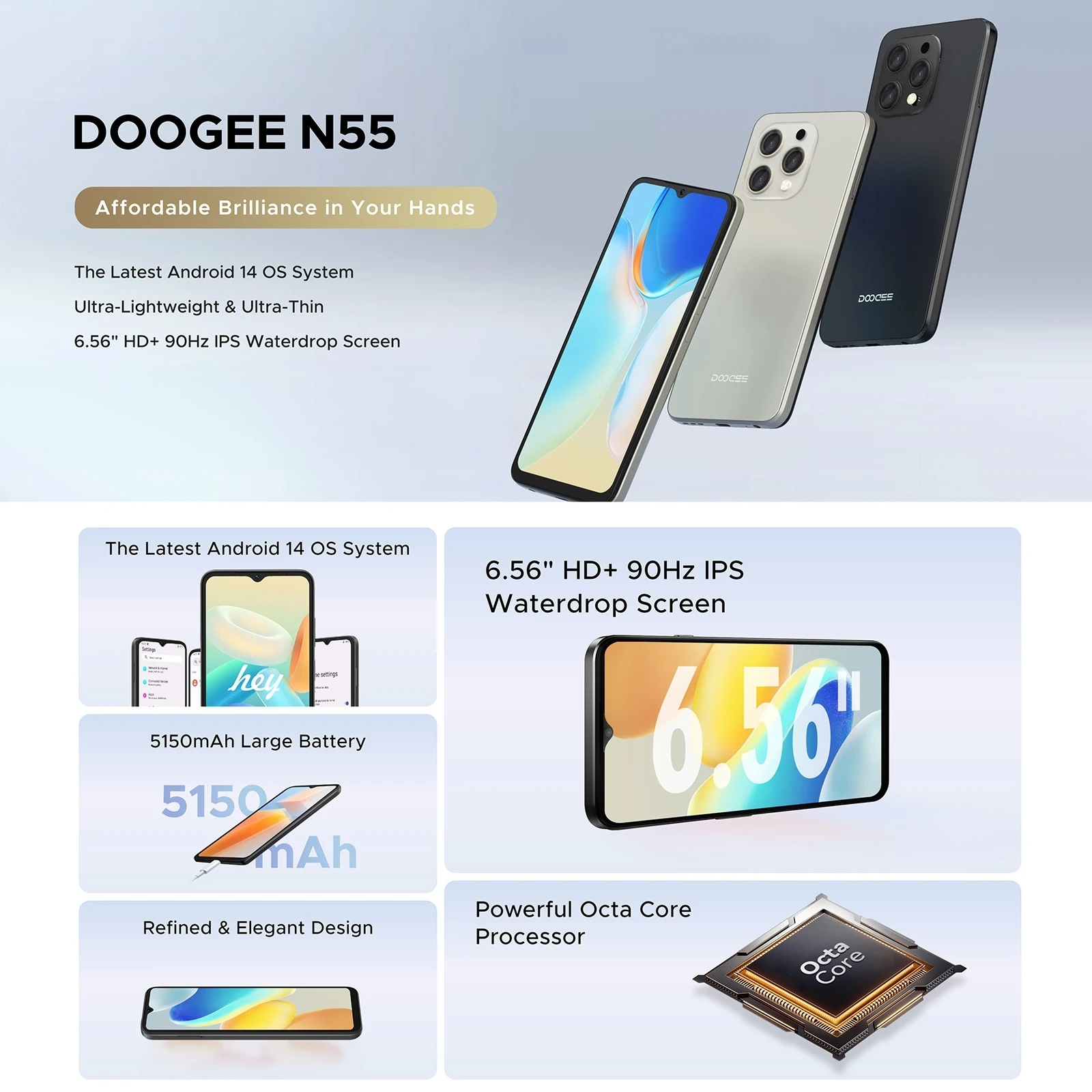 Smartphone DOOGEE-N55 Android 14,Octa Core,4GB 128GB, 6.56インチ
