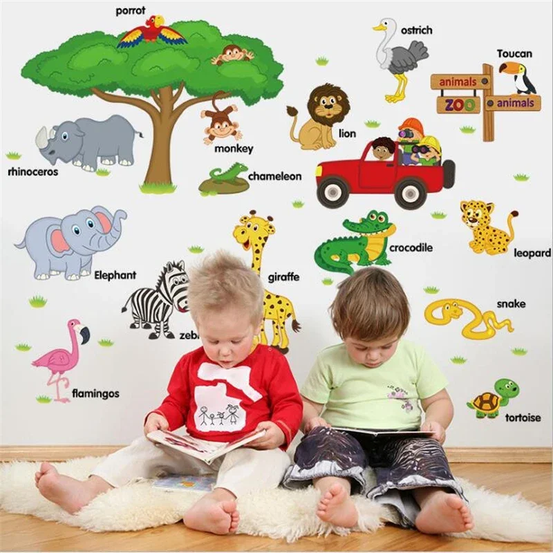 PVC Cartoon Animal English Teaching Wall Sticker Children's Room Kindergarten Decoration Wall Sticker Removable 60X90cm