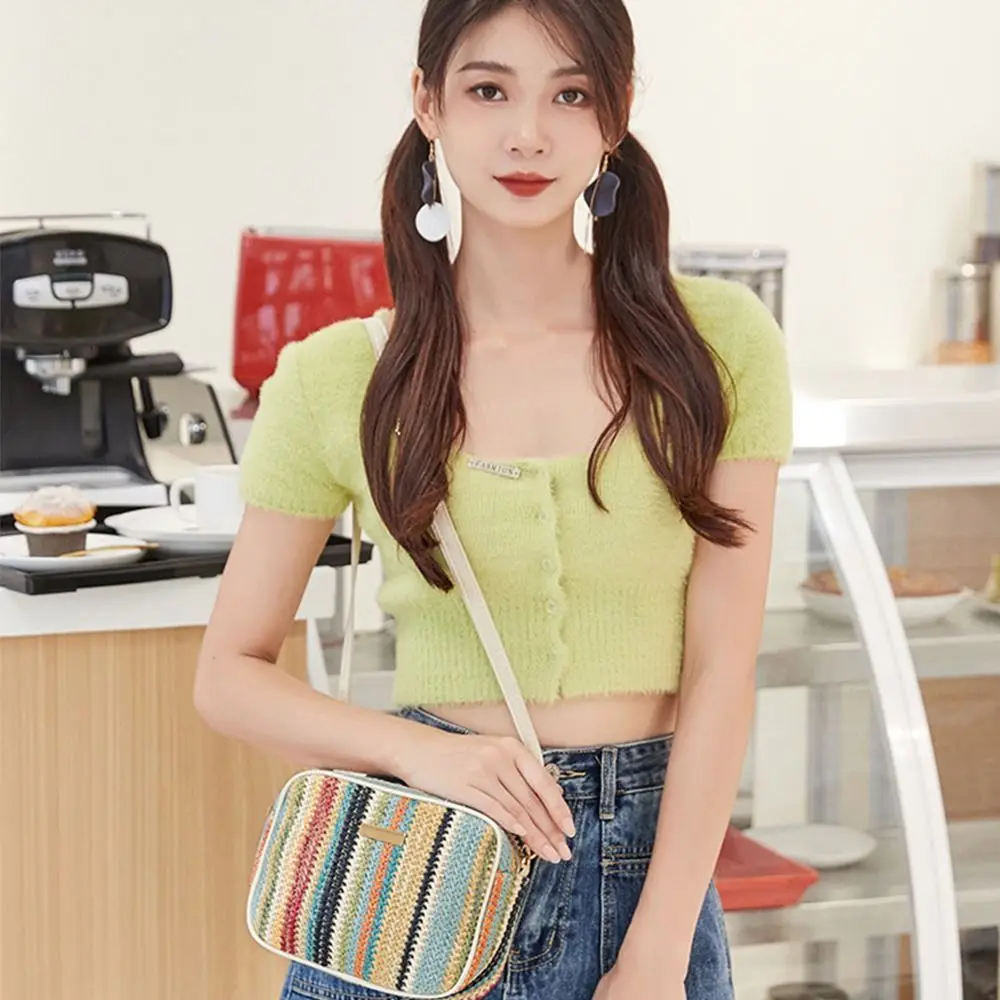 

Woven Straw Bag Casual Colorful Rainbow Crossbody Bag Ethnic Style Artistic Camera Bag Travel