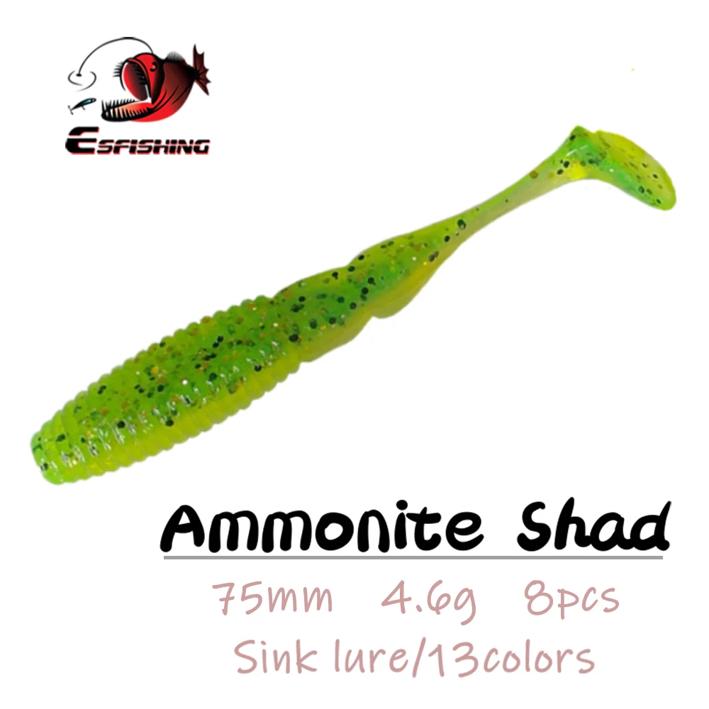 

ESFISHING Soft Plastics Silicone Bait Ammonite Shad 75mm 4.6g For Pike Bass Pesca Artificial Fishing Lure Tackle Free shipping