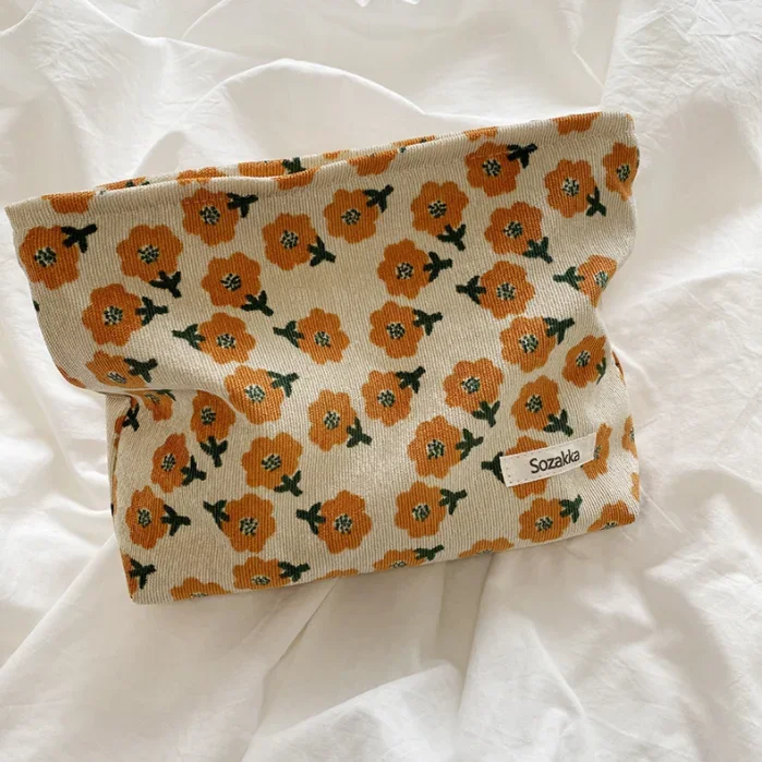 Floral Embroidery Corduroy Canvas Makeup Organizer Bag