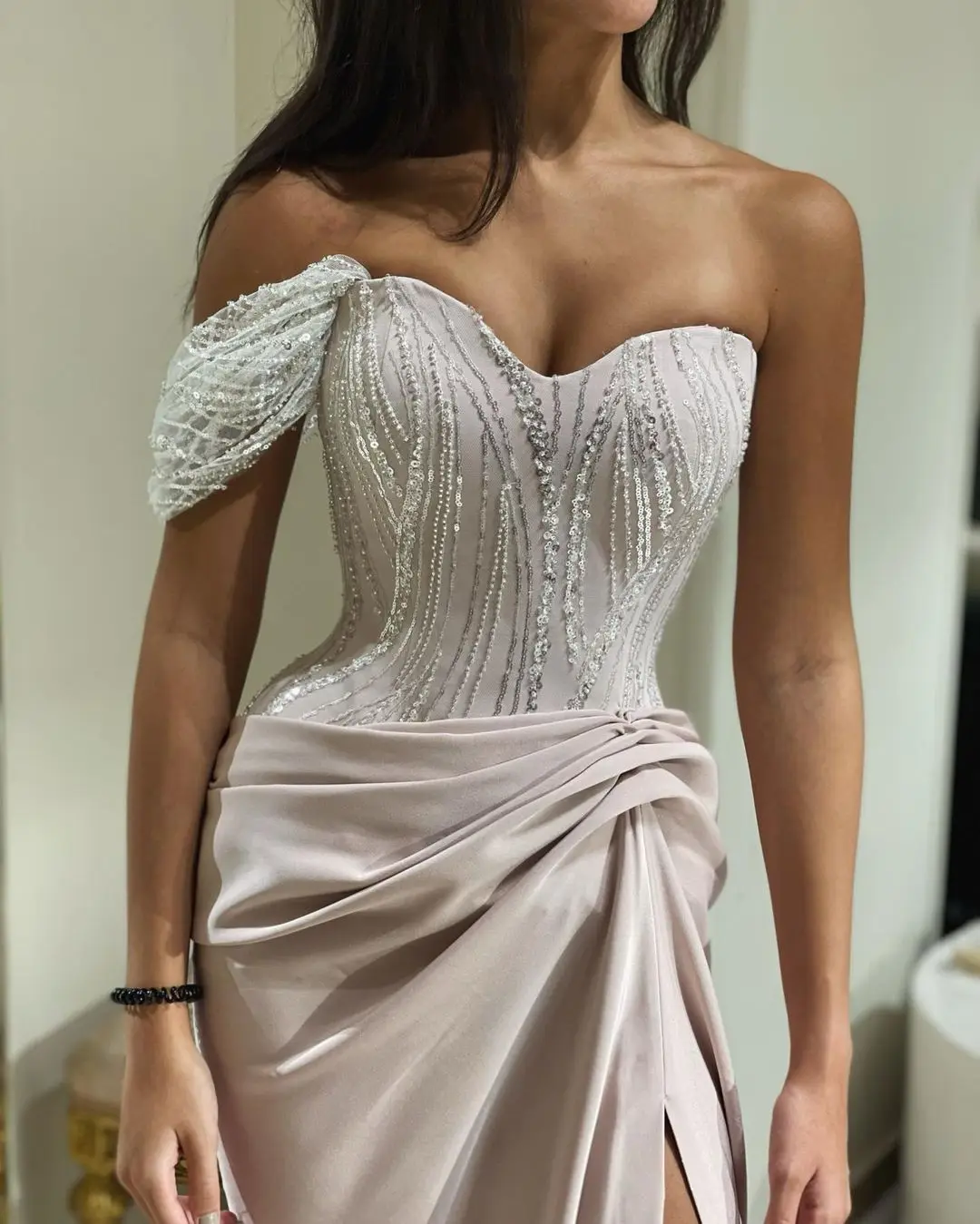 

Fairytale Champagne Mermaid High Slit Evening Dress Long Sexy Sweetheart Beading Prom Party Off the Shoulder Graduation Gown