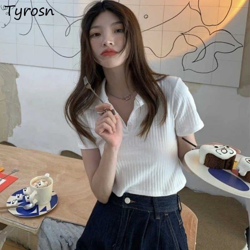 

Женский укороченный кроп-топ, простой элегантный однотонный дизайн в Корейском стиле с отложным воротником, Классическая универсальная модная мягкая футболка в стиле ретро, Новинка