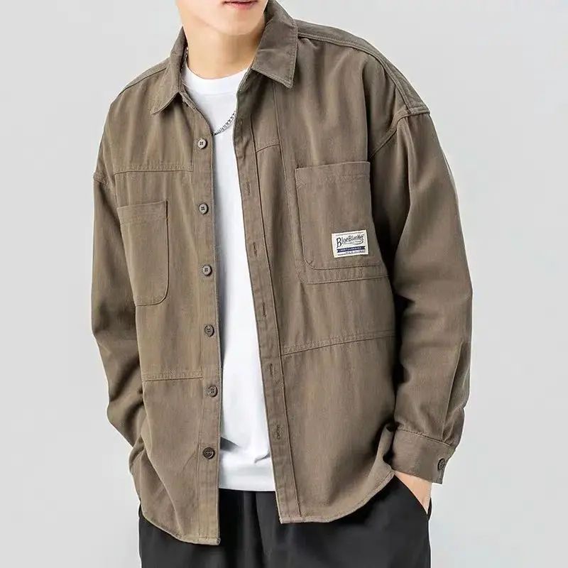 Men Shirt Lapel Long Sleeve Solid Color Streetwear Casual