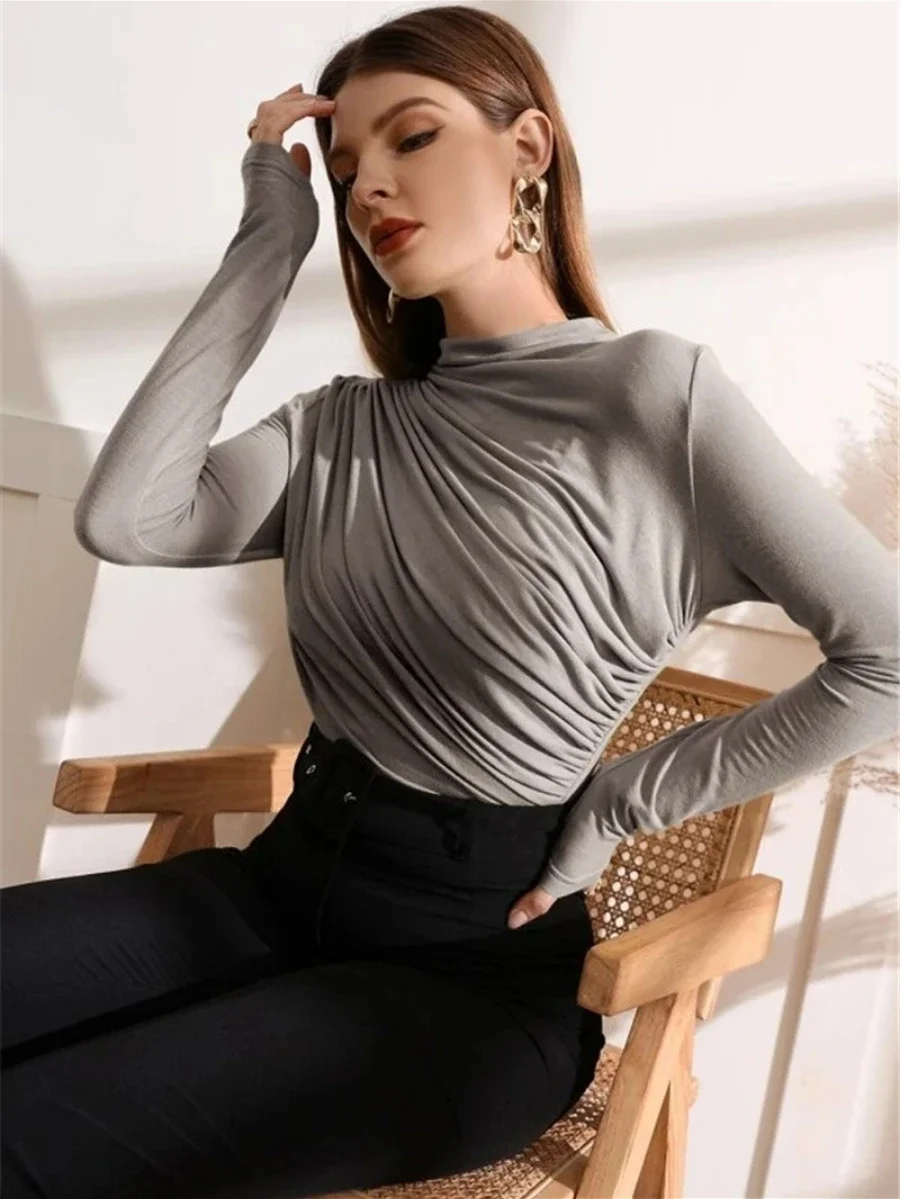Bornladies Women's Fashion Pleated Long Sleeves Stylish Office Lady Slim Fit Solid Color T-shirt Autumn Winter Female Base Top