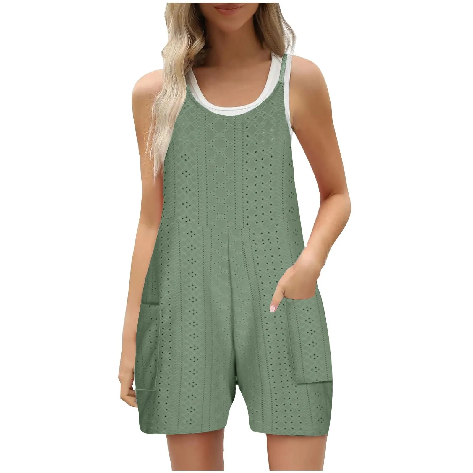 

Womens Summer Eyelets Shorts Rompers Loose Spaghetti Strap Sleeveless Casual Bib Shorts Jumpsuit Overalls With Pockets