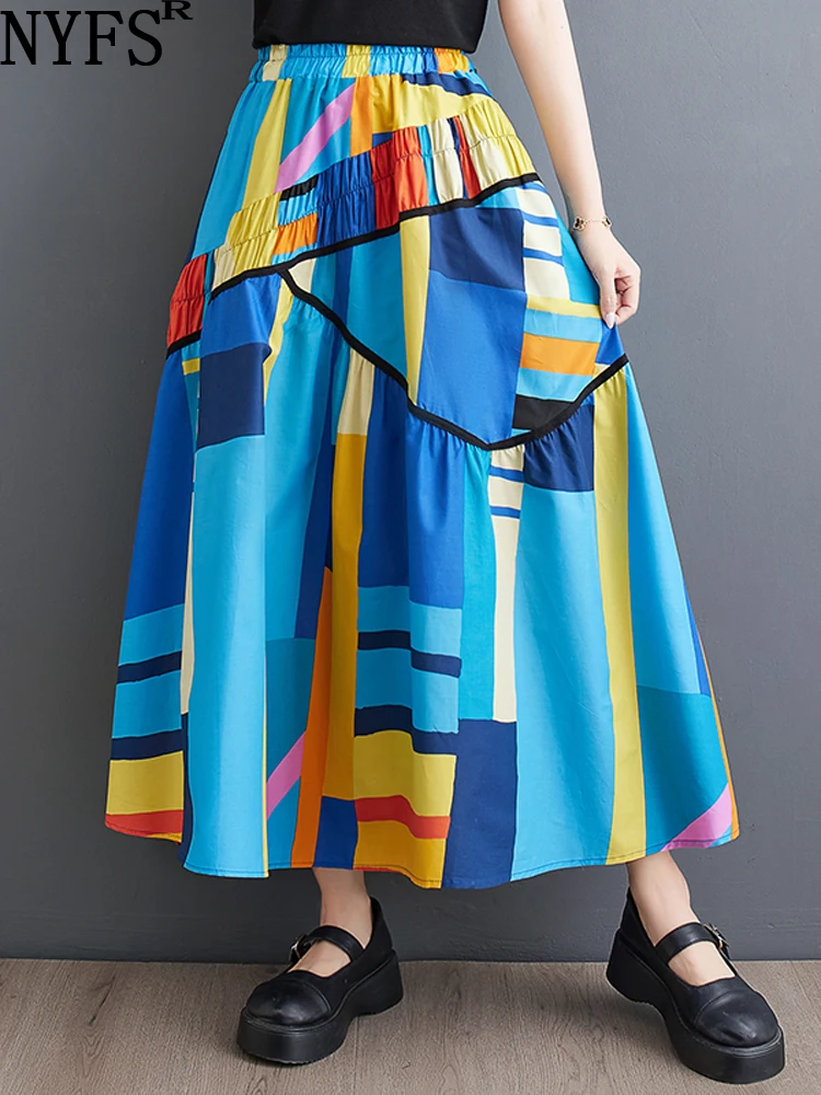 

2023 Summer New Sweet Woman Skirt Loose Print High Waist Cotton Skirts Faldas Mujer Saias