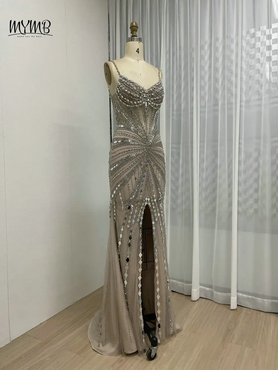 Mymb nackte atember aubende Spaghetti träger Schatz Hals Abschluss ball Party kleider für besondere Anlässe Luxus Meerjungfrau High Split Abendkleid – Detail 9