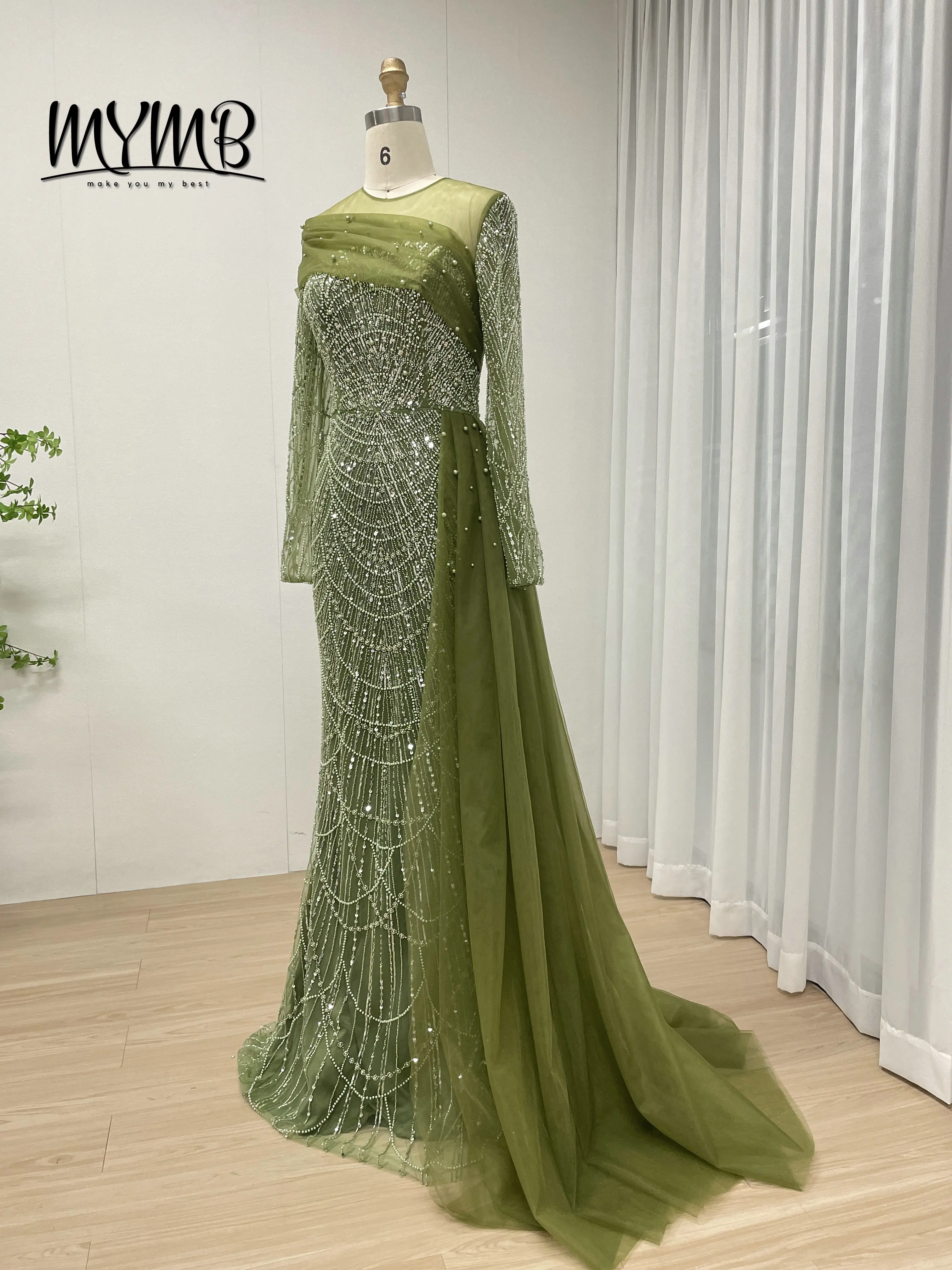MYMB Stilvolle Perlen-Meerjungfrau-Champagner-Abend-Hochzeitskleider für Frauen, muslimische, elegante, lange Ärmel, Partykleider mit Überrock – Detail 5