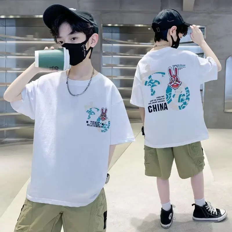 

Summer Straight Type Children's Fashion Japanese Five-quarter Sleeve Crewneck Harajuku New Fashion InsT-shirt Men's Trend