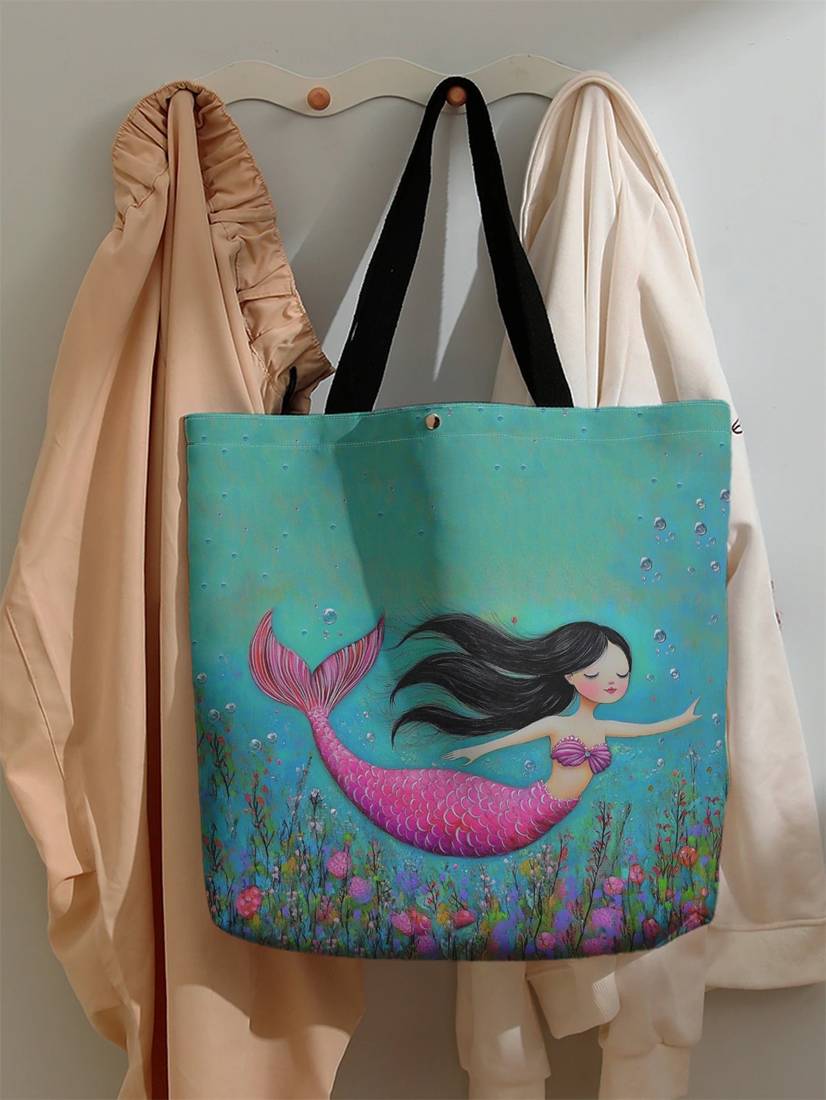 1pc， Mermaid pattern handbag, reusable fashionable handbag, multifunctional handbag, printed canvas shopping bag