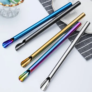 5pcs Metal Stainless Steel Straw Reusable Pearl Milkshake Bubble Tea Straws with Brush Stirring Smoothie Spoon Shaped Straw Set