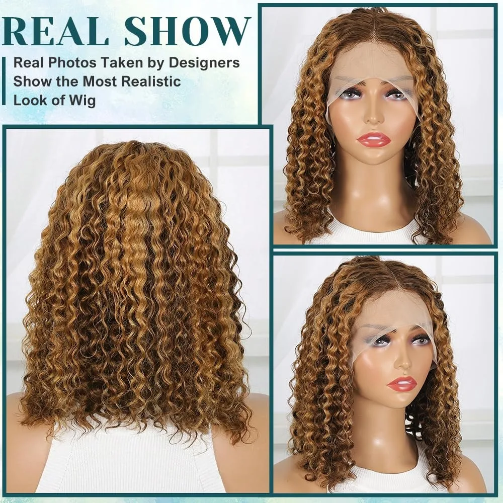Highlight Deep Wave Wig Human Hair 13x4 Honey Blonde Wig Human Hair 4/27 Curly Highlighted Human Hair Wig Glueless Pre Plucked 2