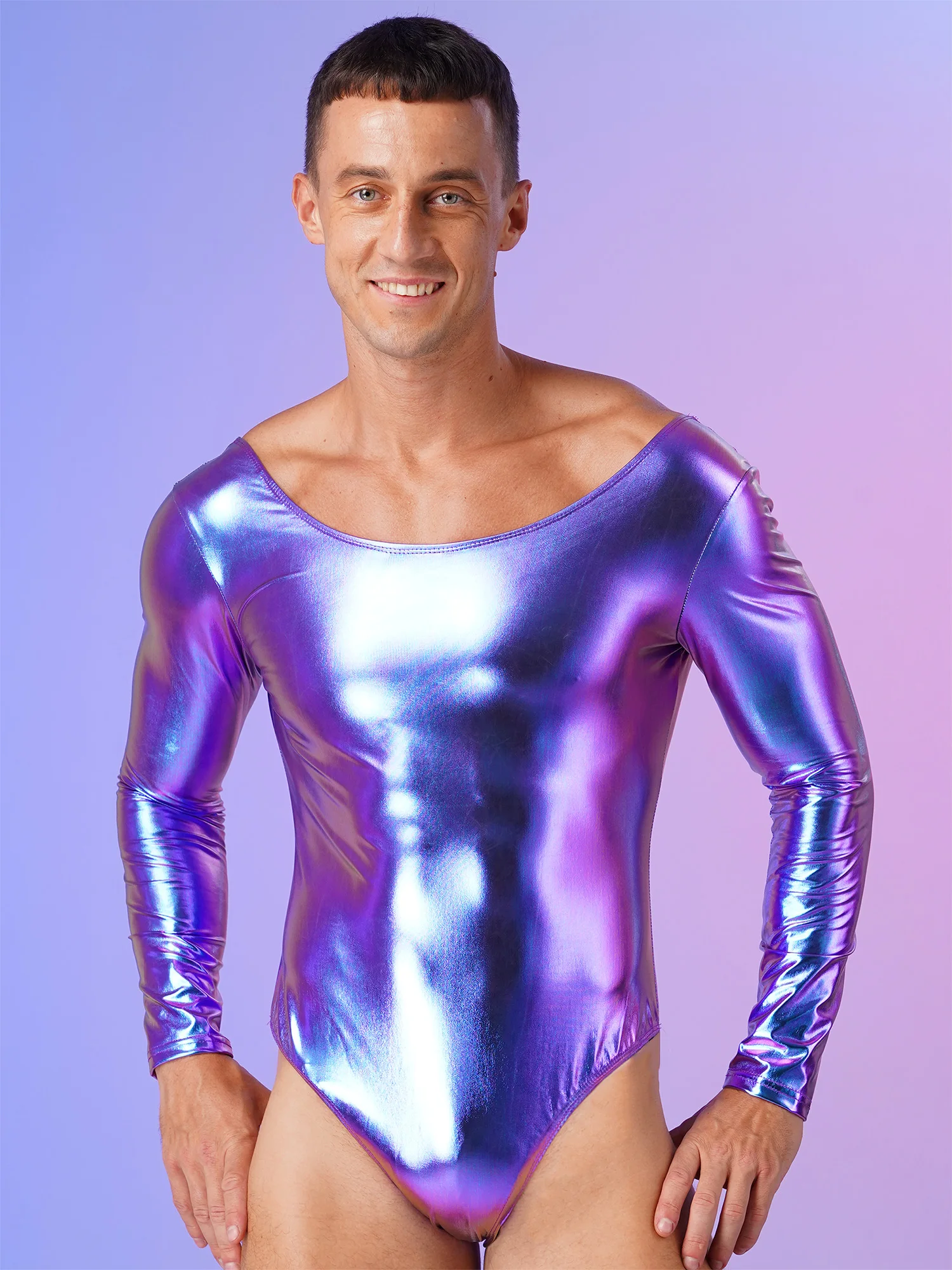 Mens Shiny Patent Leather Long Sleeves Bodysuit One-piece Monokini Bodycon Leotard Ballet Gymnastics Stage Performance Dancewear