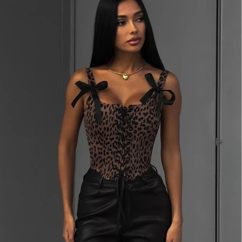 2025 new women's summer leopard print lace vest with tie bow sexy nightclub spicy girl backless top/women's clothing