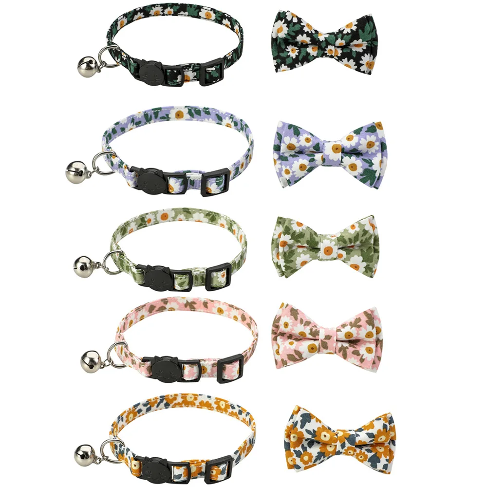 Sucado Großhandel Baumwolle Gänseblümchen Blumen Haustier Katzenhalsband Abtrünniger verstellbarer kleiner Hund Katze Bandana Schleife mit Glöckchen Neu eingetroffen – Detail 5