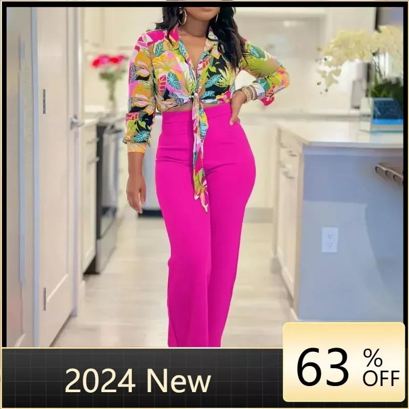 

Fashion Vintage Women's Set Long Sleeve Bowknot Leaf Shirt and Straight Pants 2024 INS Two 2 Piece Sets Outfit Tracksuit