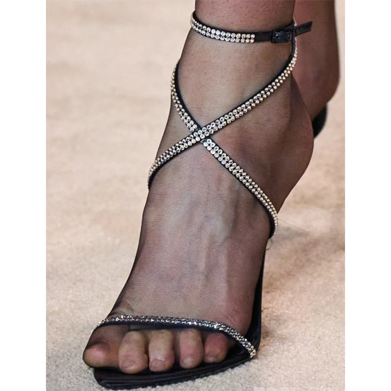 Pointed Peep Toe Suede Rhinestone Cross Strap Buckle Women's Sandals Stiletto High Heels Solid Color Sexy Gladiator Shoes Summer