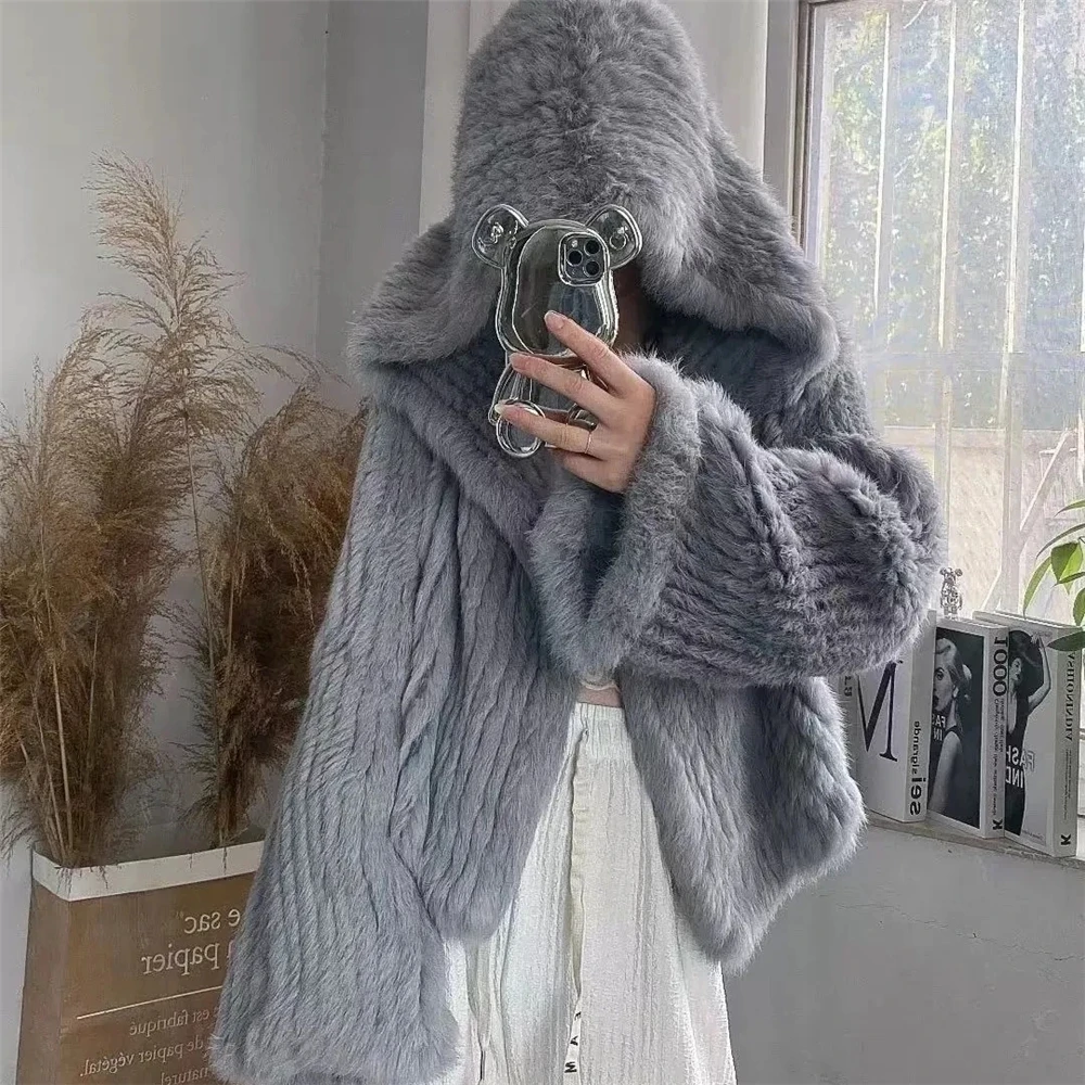 Trendy2KAutumn-Winter Women'S  New Encrypted Hand-Woven Double-Sided Hooded Korean Short Rabbit Fur Coat For Wo