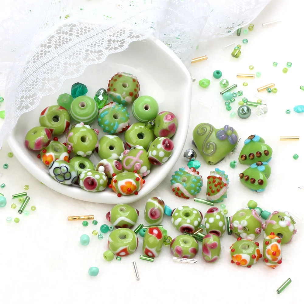 

4Pcs/Lot Porcelain Green Handmade Lampwork Beads DIY Crafts Charm Bracelets/Earrings/Necklace For Women Jewelry Making