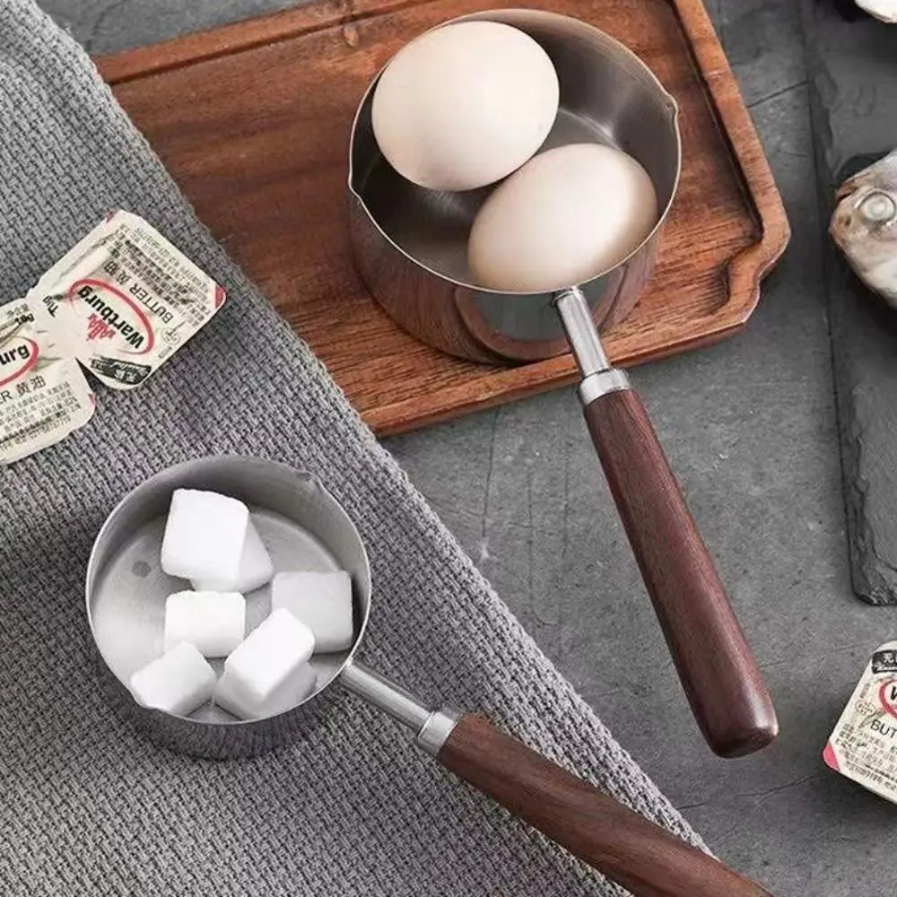 Mini Frying Pan Wooden Handle Milk Pan with Scale 304 Stainless Steel Small Sauce Deepen Spout Oil Pot Butter Melting