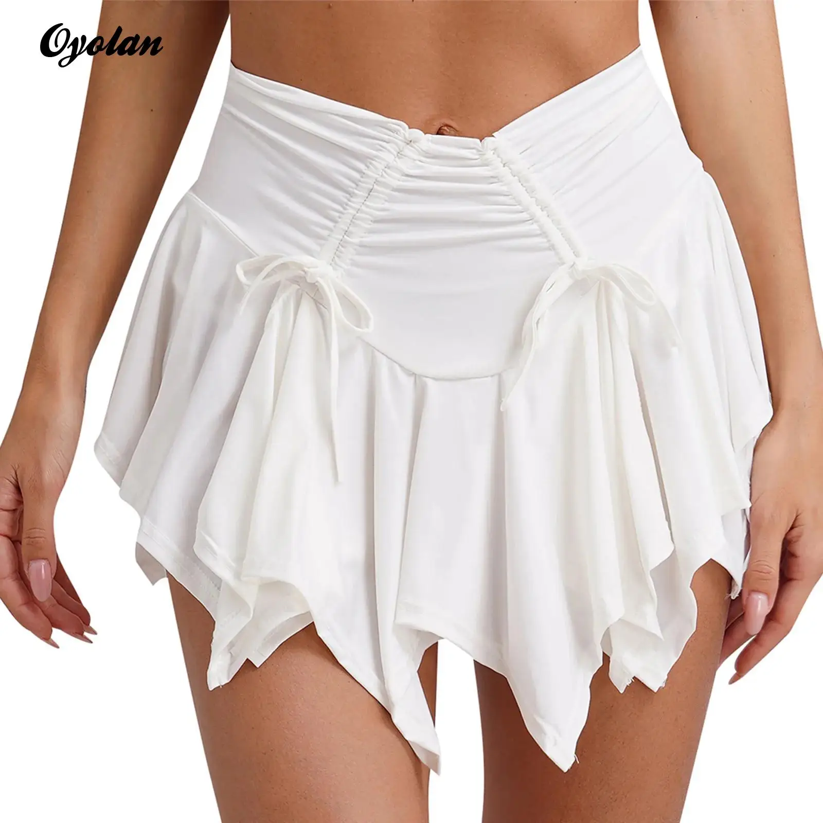 

Gothic Punk Mini Skirt Rave Clubwear for Womens One Piece Tie-Up Ruched Drawstring Irregular Hem Pleated Safety Briefs Skirt
