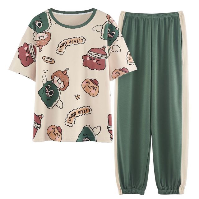 Women Pajama 2 Pcs Sets Cotton T-shirt Elastic Waist Ankle Length Pants Cartoon Plaid Sweet Home Clothes Can wear Outside