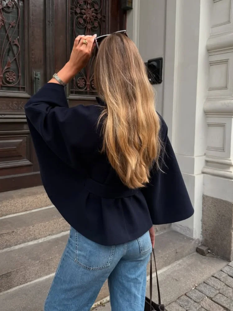 Elegant Wool Blend Cropped Coat With Belt For Women Chic Stand