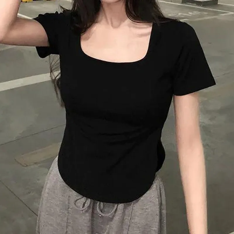 

Women Sexy T-shirt Short-sleeved Top Tees Lady U Neck Shirts 2023 Summer Femal Trendy Casual Clothing Solid Color