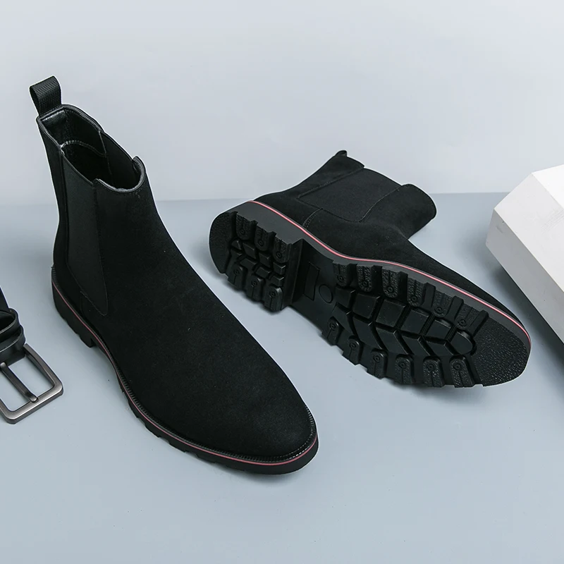 Men Vintage Fashion Chelsea Boots Reverse Fleece Leather One Step Pointed Business Men Walking Short Boots Size 38-46 Men Boots