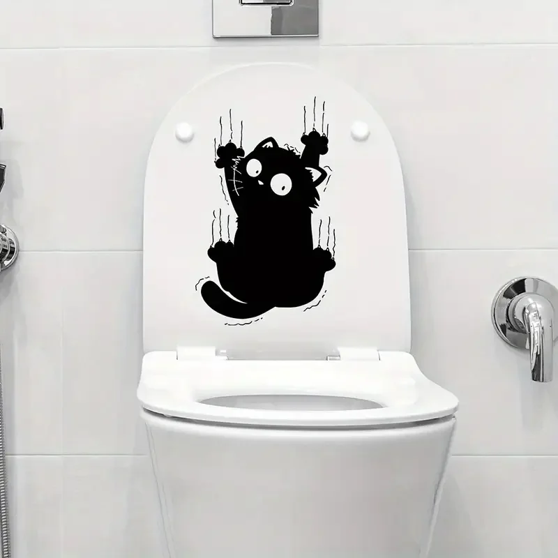 Fun Cat Self-Adhesive Toilet Stickers,Wall Decal Removable, Reusable PVC Sticker for Toilet Lid, Bathroom Decor