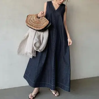 2023 Cotton Women Maxi Dress Solid Color Loose Sleeveless Vest Dress Oversized Soft A-line Ankle Length Lady Summer Dress 원피스 1