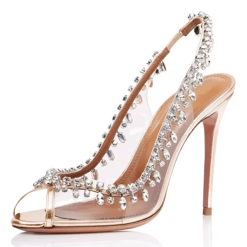 Women's Sandals 2024 Spring/Summer New Banquet High Heel Crystal Rhinestone Chain Open Toe Fish Mouth Shallow Mouth Shoes