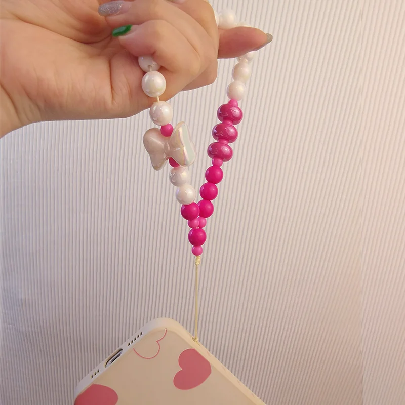 Mobile Phone Strap Short Wrist Bow Beaded Bracelet Candy Colored Bead Pendant Round Bead Pendant Universal Phone Ant