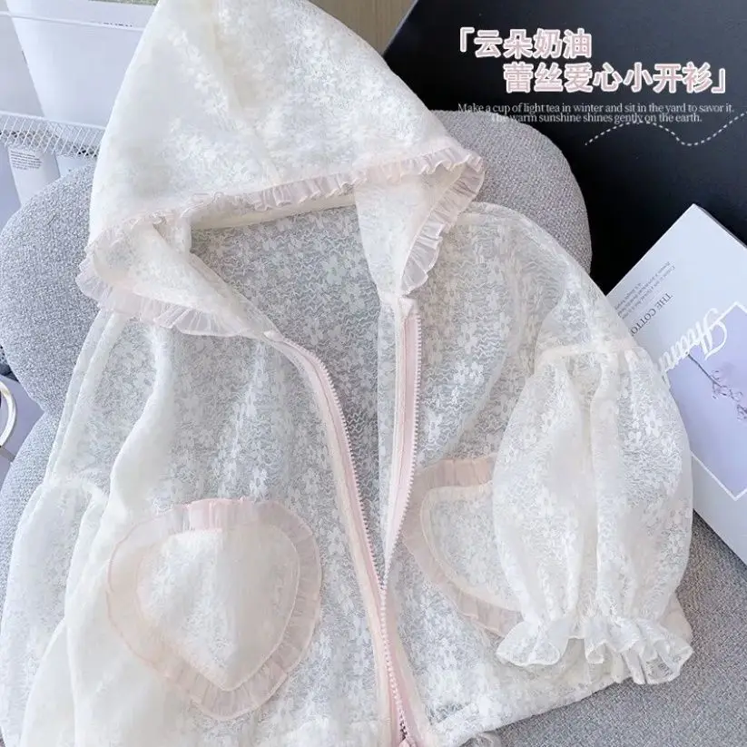 

Summer Thinlight Cool Coat for Kids Girls Sweet Lace Floral Sun Protection Clothing Children Ruffles Hooded Cardigan Outerwear