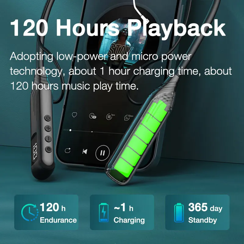 Eardeco-auscultadores sem Fios com Microfone Faixa de Pescoço Bluetooth Estéreo Reprodução de 120 Horas Baixo Desporto - Image 5